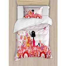 Girl on a Car Floral Box Duvet Cover Set