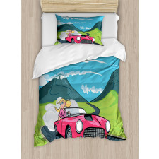 Blonde Girl Drives on Road Duvet Cover Set