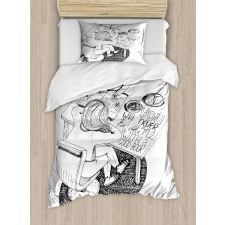 Girl and Cat Read on Desk Duvet Cover Set