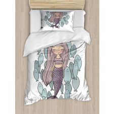 Cartoon Girl with Fish Duvet Cover Set