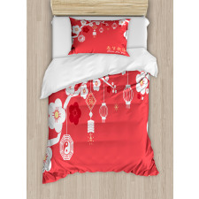 Lanterns on Sakura Tree Duvet Cover Set