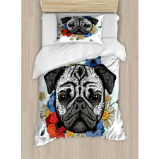 Dog Sketch with Flowers Duvet Cover Set