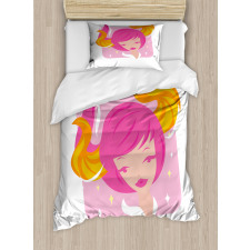 Pink Haired Woman Duvet Cover Set