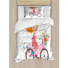 Happy Girl on Bike Flowers Duvet Cover Set