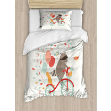 Cheerful Raccoon Bike Duvet Cover Set