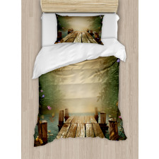Lake and Blooming Flora Duvet Cover Set