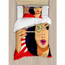 Pop Art Style Girl with Sushi Duvet Cover Set