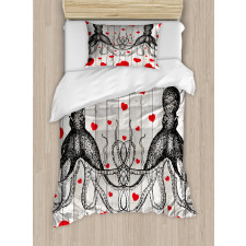 Octopus Sketch and Hearts Duvet Cover Set