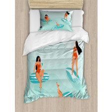 Surfing Girls with a Dog Duvet Cover Set