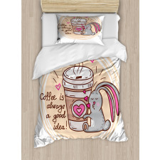 Coffee Lover Rabbit Words Duvet Cover Set