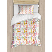 Colorful Rabbits Pink Hearts Duvet Cover Set