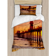 Huntington Beach Pier Sunset Duvet Cover Set