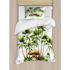 Trees and Bungalow Tiki Bar Duvet Cover Set