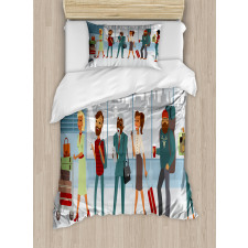 People at Line with Luggage Duvet Cover Set