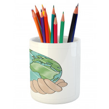 Hands Holding Globe Art Pencil Pen Holder