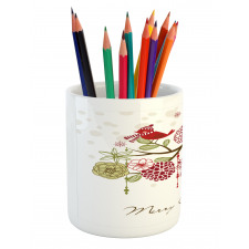 Red Bird Floral Tree Pencil Pen Holder