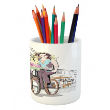 Lady Rides Bicycle Roses Pencil Pen Holder