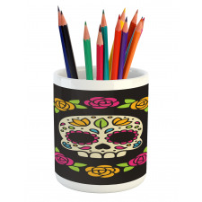 Floral Wreath Skull Pencil Pen Holder