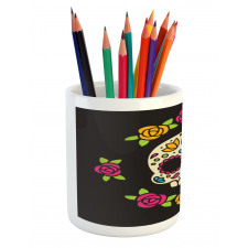 Floral Wreath Skull Pencil Pen Holder