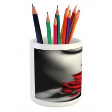 A Young Lady Holding Red Rose Pencil Pen Holder