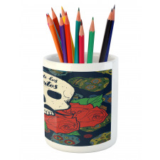 Skull with Roses Pencil Pen Holder