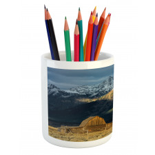 Rustic Wooden Hut Mountains Pencil Pen Holder