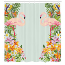 Çiçekli Duş Perdesi Flamingolar ve Tropikal Çiçekler