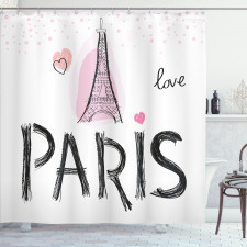 Paris Duş Perdesi Romantik ve Kalpli Eyfel Kulesi Grafik Çizim