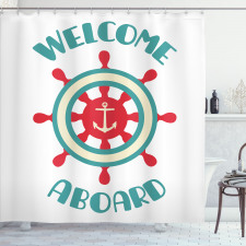 Yolculuk Duş Perdesi Welcome Aboard Yazısı ve Dümen Çapa İkonu