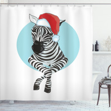 Yeniyıl Duş Perdesi Mavi Daire İçinde Noel Baba Şapkalı Zebra 