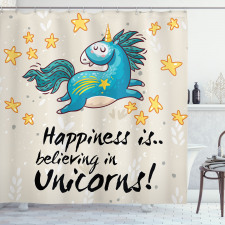 Fantastik Duş Perdesi Unicorn Desenli Motivasyonel Yazı