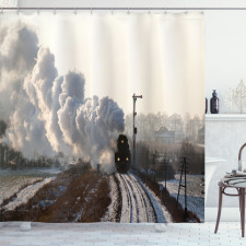 Ulaşım Araçları Duş Perdesi Duman Çıkaran Nostaljik Tren Temalı