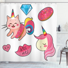 Tatlı Duş Perdesi Pembe Unicorn ve Kedi