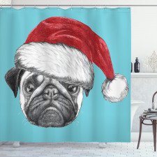 Hayvan Duş Perdesi Noel Baba Şapkalı Tatlı Pug Köpek Mavi Fonlu