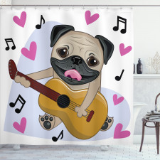 Müzik Duş Perdesi Gitar Çalan Pug Köpek Kalp Nota Beyaz Fon