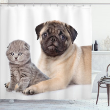 Hayvan Duş Perdesi Pug Köpek ve Scottish Fold Yavru Kedi Beyaz