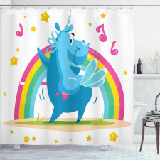 Unicorn Duş Perdesi Gökkuşağının Önünde Dans Eden Boynuzlu At