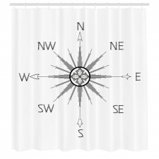 Pusula Duş Perdesi Yönleri Gösteren Rüzgar Gülü Monokrom Çizimi