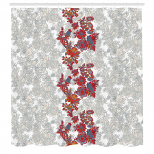 Çiçekli Duş Perdesi Oryantal Kırmızı Çiçek Desenli