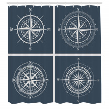 Denizcilik Duş Perdesi Farklı Şekillerde 4 Ayrı Pusula Figürü