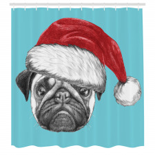 Hayvan Duş Perdesi Noel Baba Şapkalı Tatlı Pug Köpek Mavi Fonlu