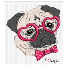 Hayvan Duş Perdesi Pembe Gözlüklü Papyonlu Hipster Pug Köpek