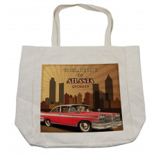 Retro Car and City Skyline Shopping Bag