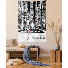 Lady Passing Crowded City Tapestry