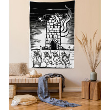 Woodcut Style Viking Tower Tapestry