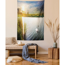 Swan in River at Dawn Photo Tapestry