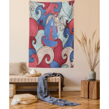 Blue Boat Silhouette Tapestry