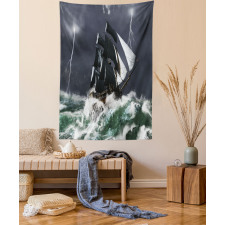 Storm Ship on Wavy Ocean Tapestry