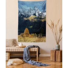Rustic Wooden Hut Mountains Tapestry