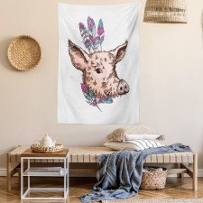 Pig Portrait Feathers Tapestry